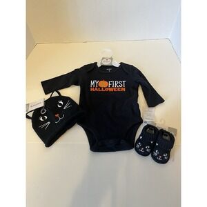 Carters "My First Halloween" 3 Pc‎ Bodysuit Cat Hat Booties 3 Mnths NWT